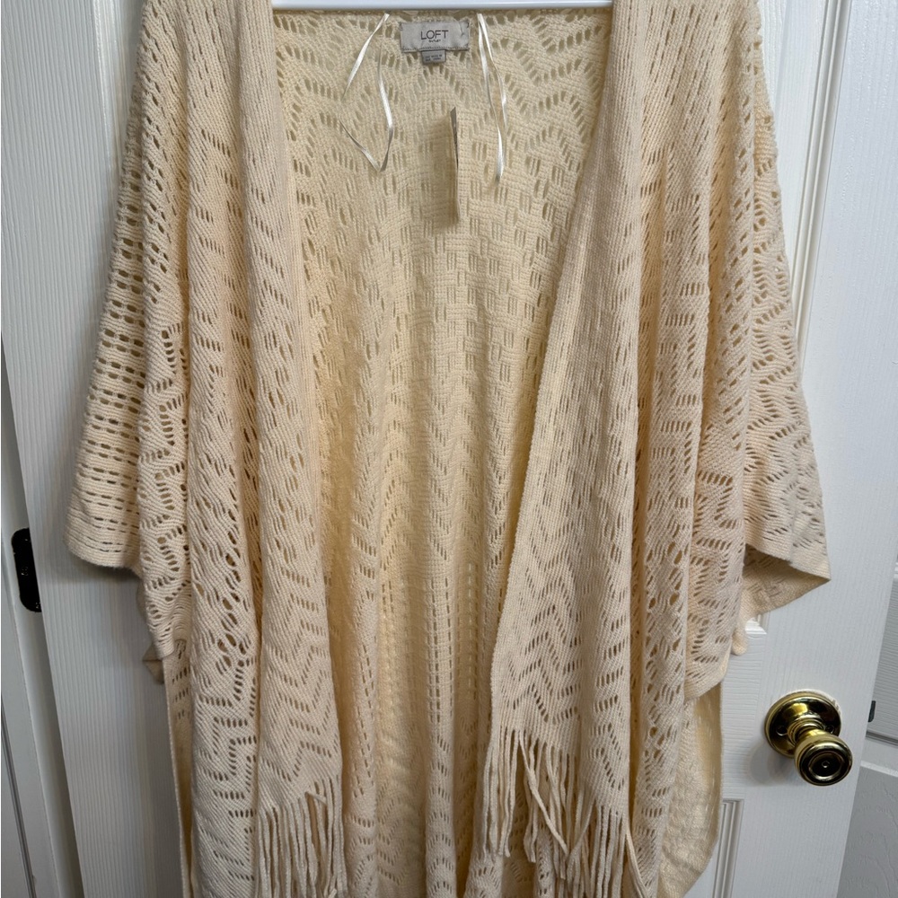 LOFT Cream Boho Knit Ruana Poncho Cardigan with Fringe | NWT